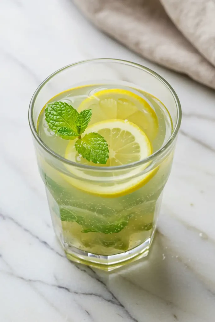 Close-up top-down view of the finished Okra Water in a clear glass with subtle wear, garnished with a lemon slice and fresh mint, looking natural and home-prepared.