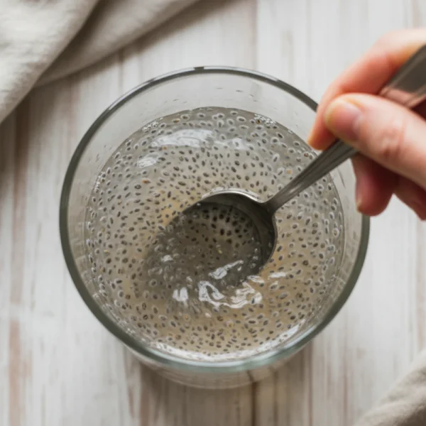 Close-up top-down view of Tadpole Water being prepared, showing chia seeds being vigorously stirred in a glass of water, looking natural and home-made.