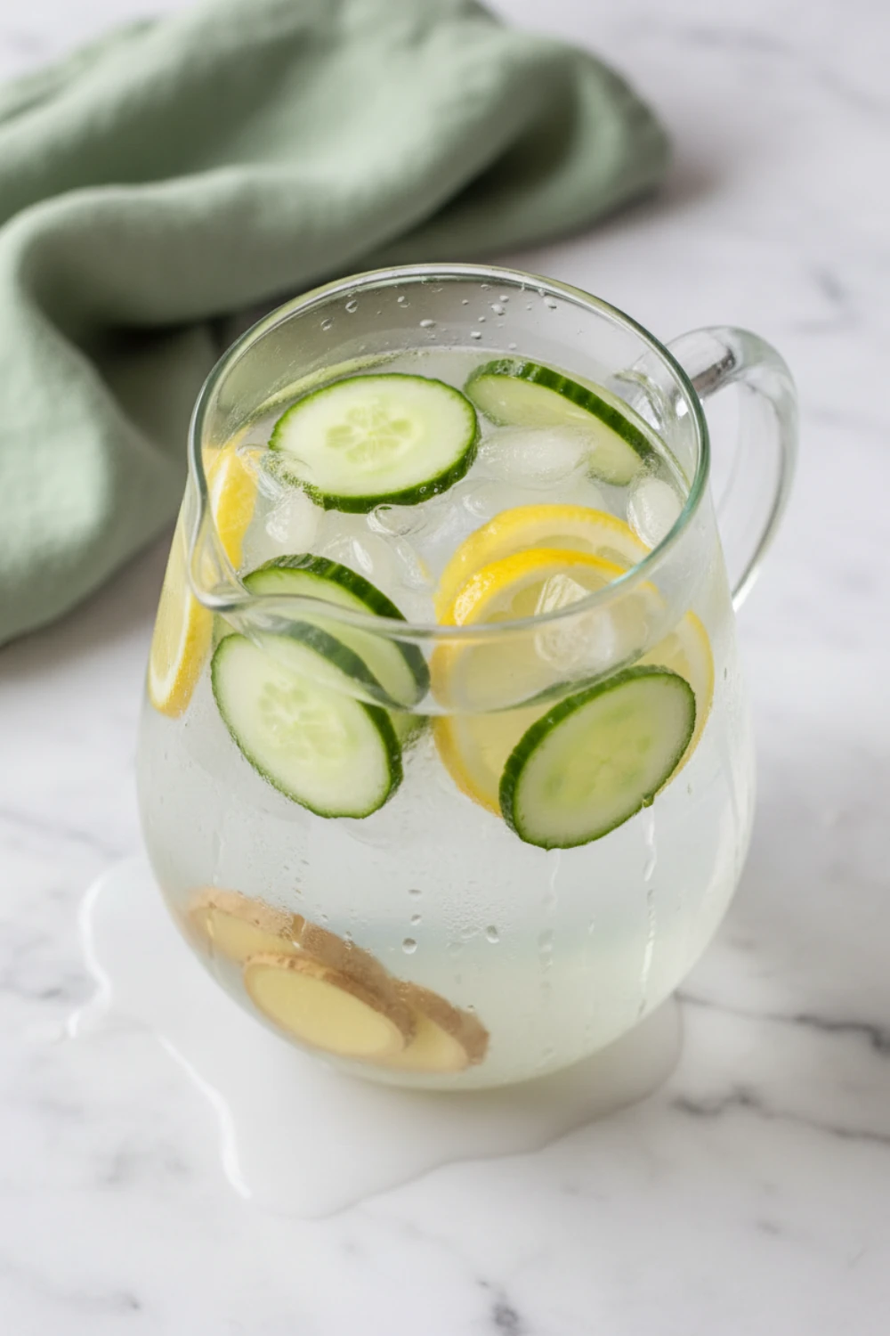 Close-up top-down view of the finished Cucumber Lemon Ginger Water in a glass pitcher with condensation, filled with ice and fresh slices, looking natural and home-prepared.
