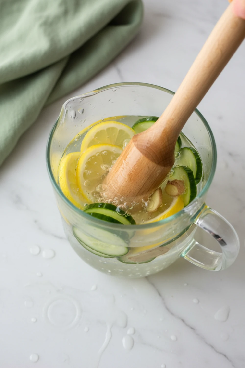 Close-up top-down view of Cucumber Lemon Ginger Water assembling in a clear glass pitcher, showing a wooden spoon gently muddling lemon, cucumber, and ginger, with a natural, home-cooked feel.