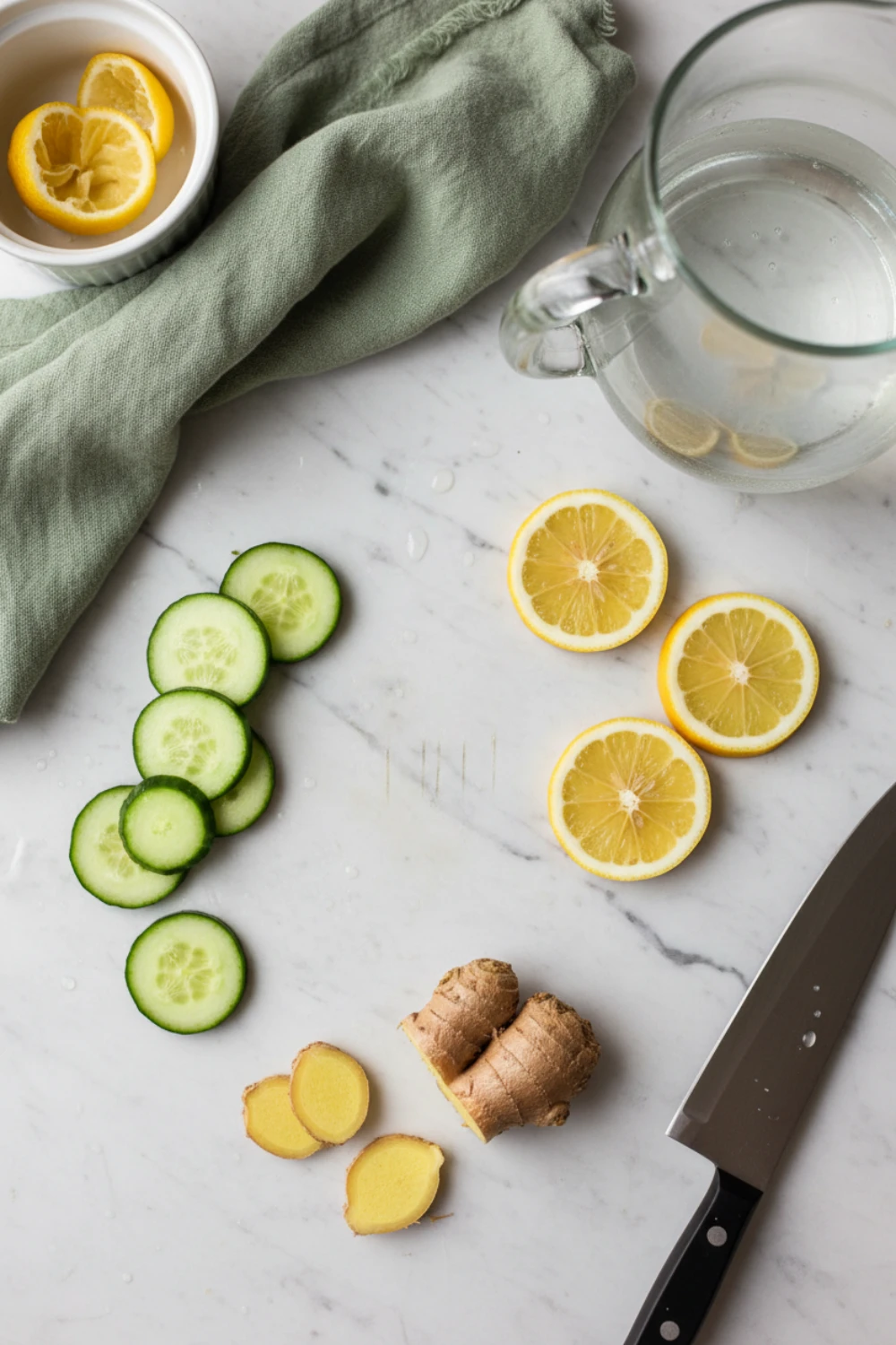 Close-up top-down view of prepped Cucumber Lemon Ginger Water ingredients: sliced cucumber, lemon rounds without seeds, and sliced ginger, arranged on a light marble surface with subtle wear, looking natural and home-prepared.