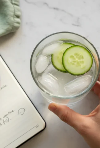 Close-up top-down view of a hand holding a clear glass of Cucumber Lemon Ginger Water, set on a natural surface with a journal, looking natural and part of a morning wellness routine.