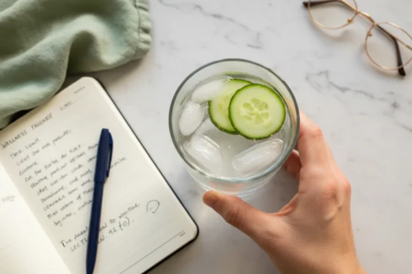 Close-up top-down view of a hand holding a clear glass of Cucumber Lemon Ginger Water, set on a natural surface with a journal, looking natural and part of a morning wellness routine.