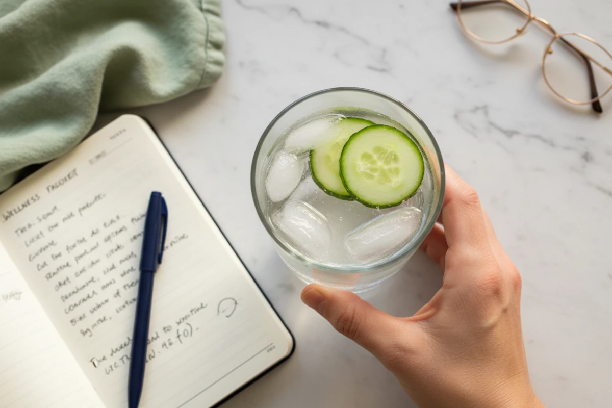 Close-up top-down view of a hand holding a clear glass of Cucumber Lemon Ginger Water, set on a natural surface with a journal, looking natural and part of a morning wellness routine.