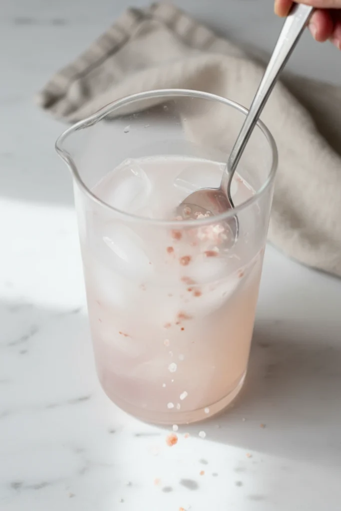 Close-up top-down view of Pink Salt Lemonade being prepared, showing ingredients being stirred with a spoon in a tall glass, looking natural and home-made.