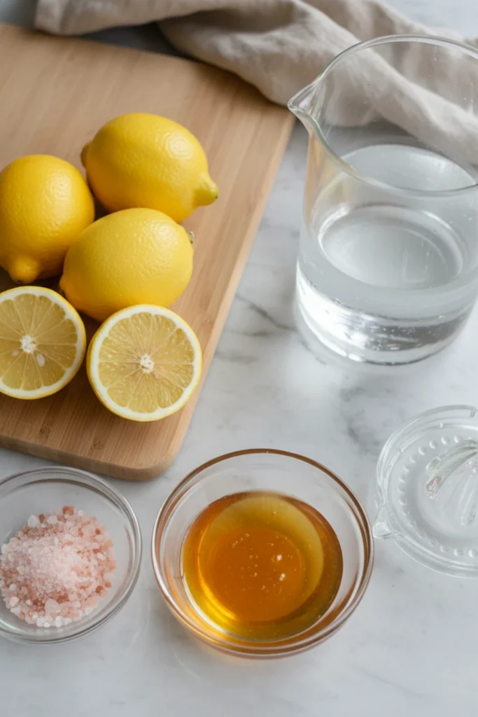 Close-up top-down view of Pink Salt Lemonade ingredients: fresh lemons, Himalayan pink salt, and honey, arranged on a marble surface with natural wear, looking home-prepared and fresh.