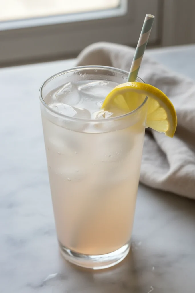Close-up top-down view of finished Pink Salt Lemonade in a tall glass with a lemon wheel and mint garnish, looking natural and home-prepared on a marble surface.