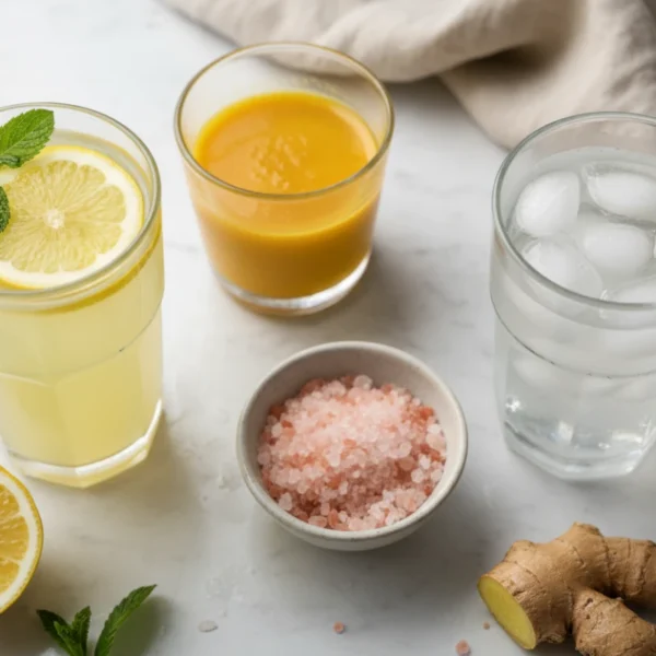 Top-down view of three different pink salt wellness drinks—lemonade, turmeric tonic, and coconut water—arranged on a marble surface with fresh ingredients, looking vibrant and healthy.