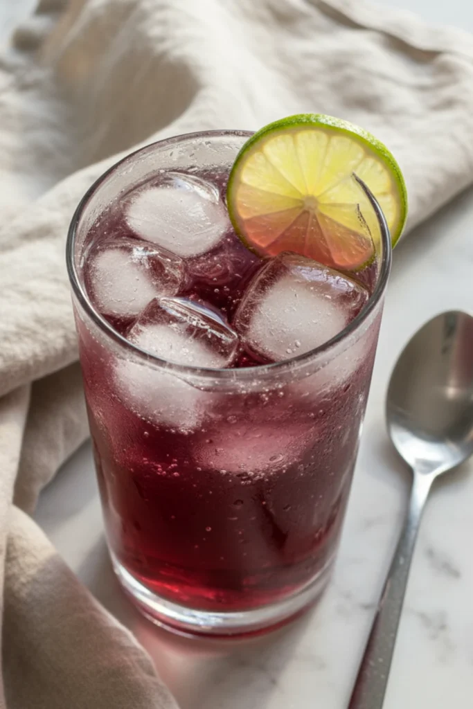Close-up top-down view of finished Sleepy Girl Mocktail in clear glass tumbler with glistening ice, lime wheel garnish, and condensation, looking natural and home-prepared on marble surface.