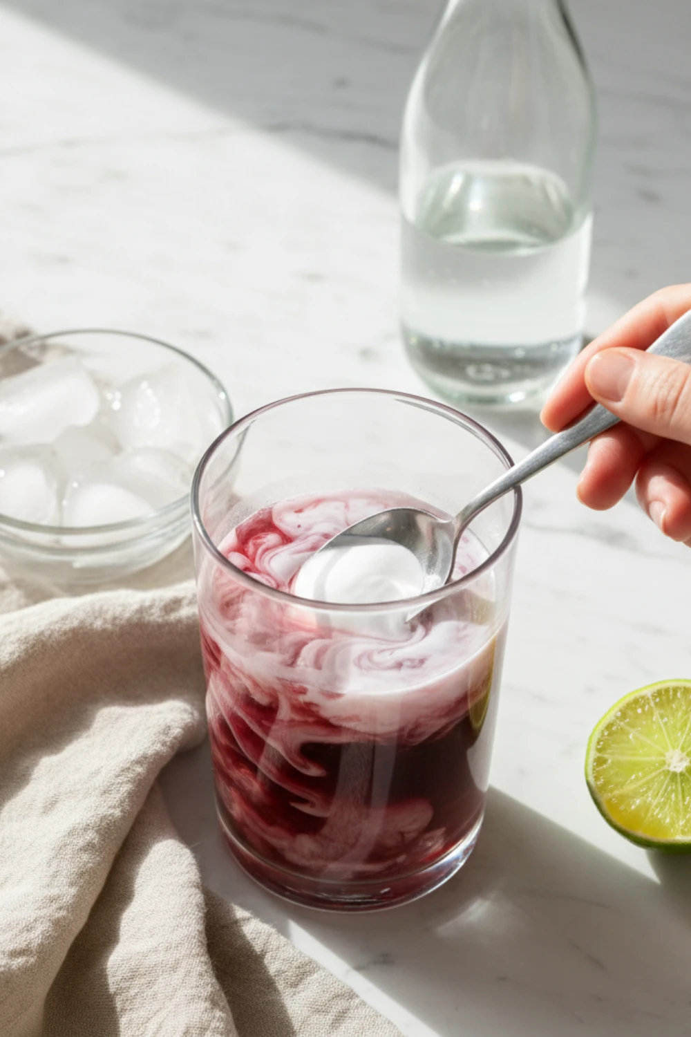 Close-up top-down view of Sleepy Girl Mocktail being prepared, showing white magnesium powder being stirred into deep red cherry juice creating swirls in a clear glass tumbler, looking natural and home-made.