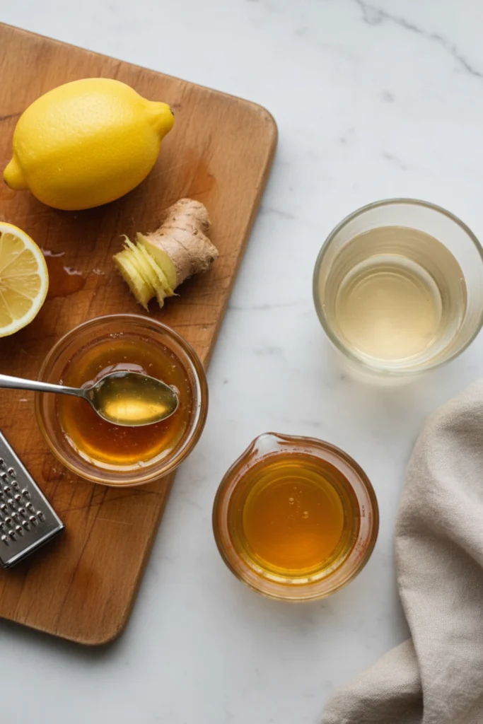 Top-down close-up of apple cider vinegar tonic ingredients — lemon, ginger, honey, and vinegar — arranged on light marble surface with soft natural lighting.