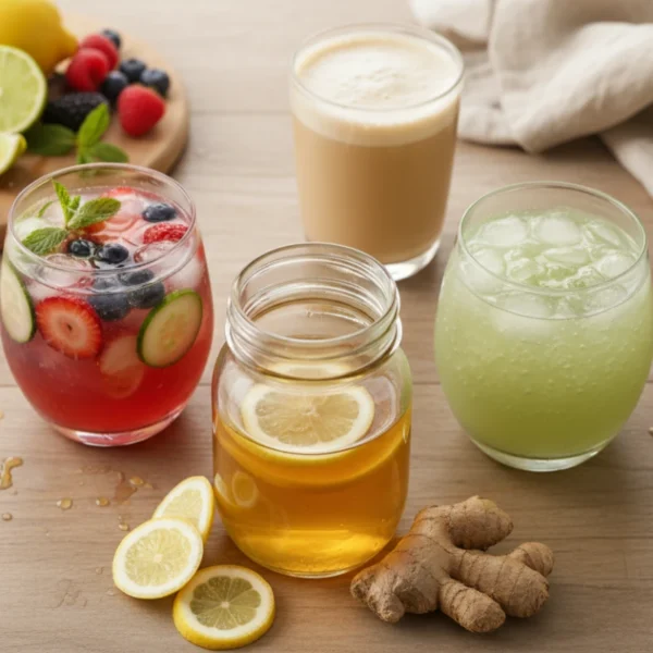 Top-down view of assorted viral wellness drinks — apple cider vinegar tonic, okra water, and loaded water — arranged on a light marble kitchen surface with soft natural lighting.