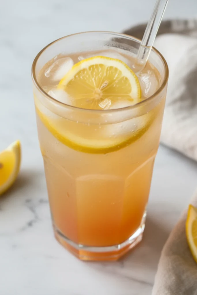 Top-down close-up of colorful electrolyte-loaded water with fruit slices and ice, served in clear glass on light marble surface with soft daylight.