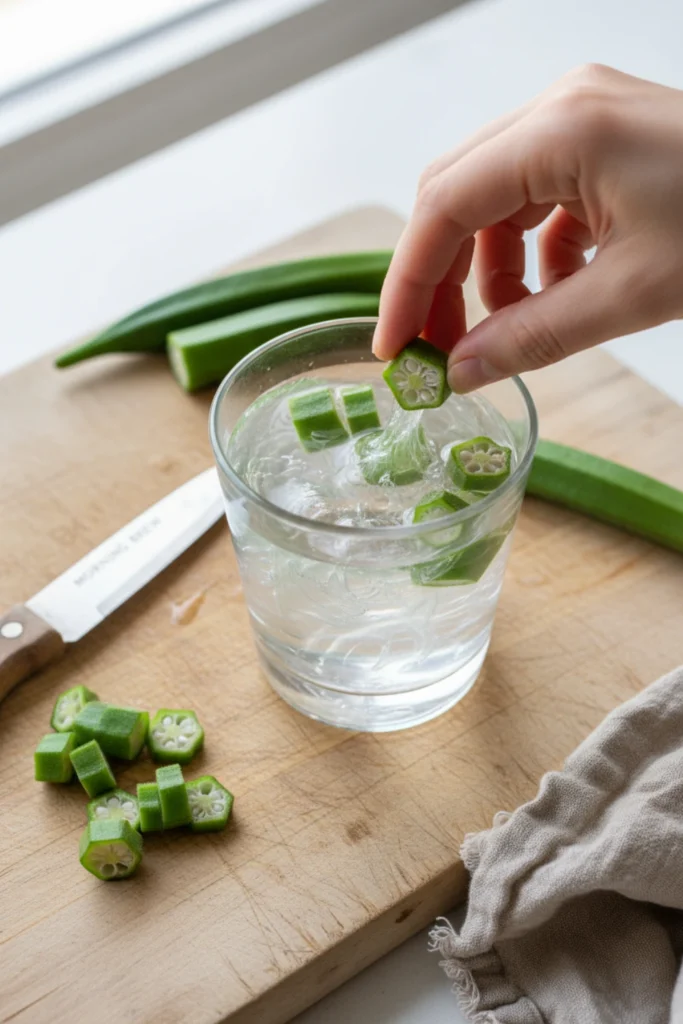 Top-down view of okra pods soaking in water inside a glass jar, showing natural gel texture forming, on light marble surface with soft daylight.